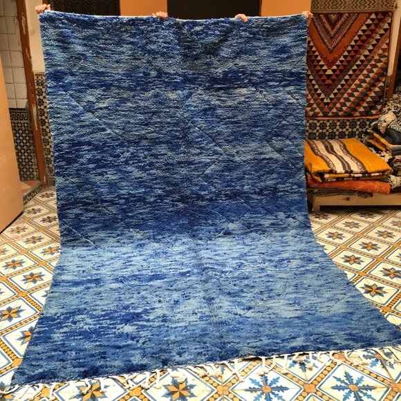 Handwoven Berber Boujad Rug in Blue -10'x6'.6"-Blue Wool Carpet - Picture 1 of 3